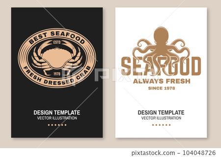 Set of fresh seafood retro poster, banner with dressed crab and octopus. Vector illustration. For seafood emblem, sign, patch, shirt, menu restaurants, fish markets, stores with dressed crab and 104048726