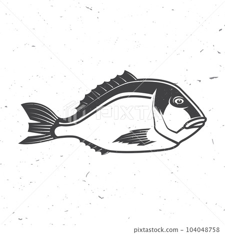 Dorade icon silhouette. Vector illustration. Vintage monochrome dorade on white background. Fish. For seafood emblem, sign, patch, shirt, menu restaurants, fish markets, stores, label sticker. 104048758