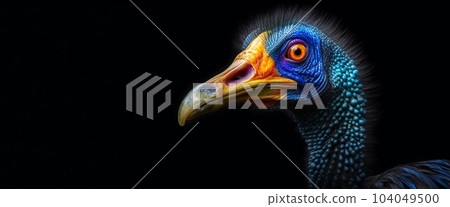 Portrait of a large forest bird with a large beak and a red-blue Cassowary head 104049500