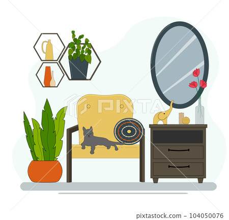 Armchair with cat and sofa cushion. Shelves with plants in pots. Mirror and cabinet with figurines and a vase of flowers. Vector. 104050076