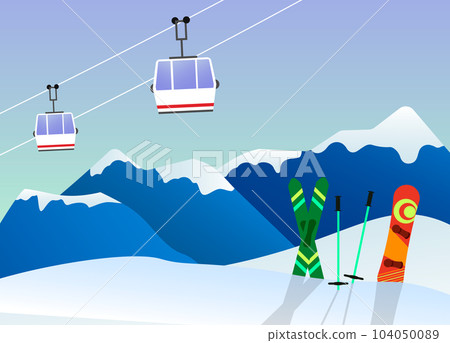 Winter landscape with mountains, snow, skis and snowboard. Accessories for winter holidays. Vector. 104050089