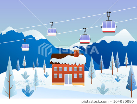 Ski resort. Winter vacation time. Landscape with mountains and hotel. Vector.  104050090