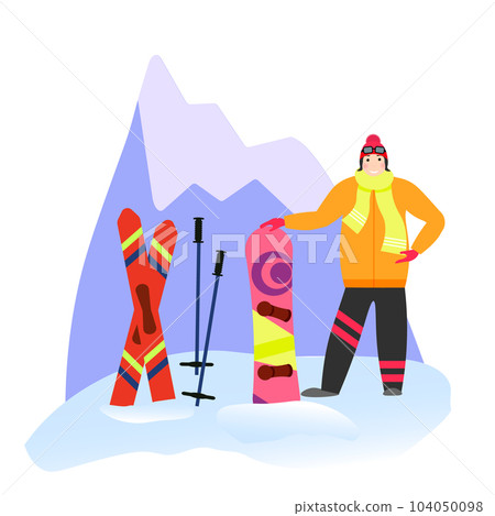 The girl is standing on the background of the mountain. Accessories for winter holidays - skis and snowboard. The girl is standing on the background of the mountain. Accessories for winter holidays - skis and snowboard. 104050098