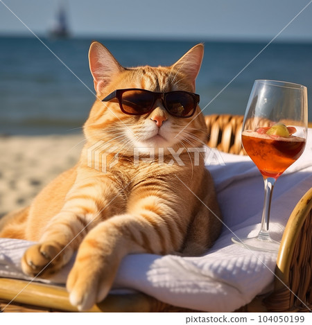 Red cat in sunglasses and two glasses of wine against the background of the beach and the sea, close-up, the cat is on vacation, for advertising travel agencies 104050199