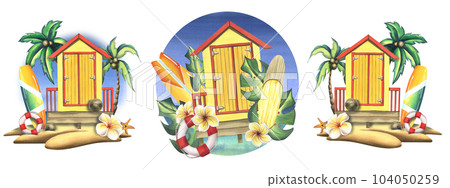 Beach cabin yellow with surfboards, tropical leaves and flowers with a lifebuoy. Watercolor illustration, hand drawn. Summer, beach set isolated compositions on a white background 104050259