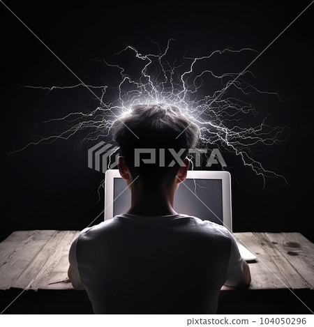 A man sits in front of an open laptop, lightning bolts and flashes from a person's head, thought work, artificial intelligence, technical progress, overvoltage  104050296
