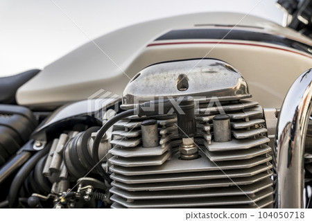 The engine of a classic motorcycle. side view. motor, cylinders, 104050718