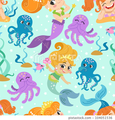 Seamless pattern with joyful mermaids and octopus Seamless pattern with joyful mermaids and octopus 104051536