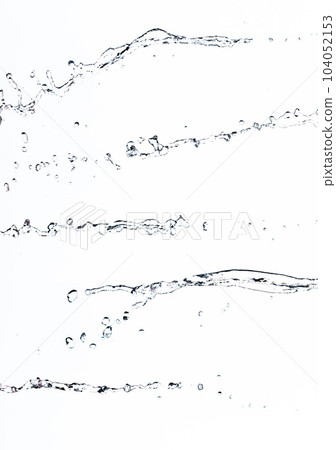 Shape form droplet of Water splashes into drop water line tube attack fluttering in air and stop motion freeze shot. Splash Water for texture graphic resource elements, White background isolated 104052153