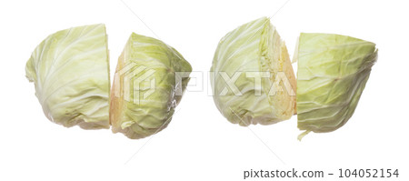 Cabbage fly in mid air, green fresh vegetable cabbage cut chop half quarter head. Organic fresh vegetable with eaten leaf of cabbage falling, close up texture. White background isolated freeze motion Cabbage fly in mid air, green fresh vegetable cabbage cut chop half quarter head. Organic fresh vegetable with eaten leaf of cabbage falling, close up texture. White background isolated freeze motion 104052154