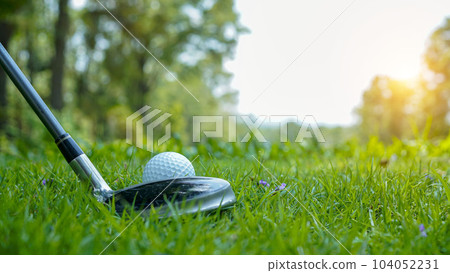Golf ball and golf club in beautiful golf course at Thailand. 104052231