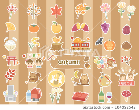 A set of illustrations of autumn events and materials, such as Halloween and fragrant rhinoceros, version with a white border A set of illustrations of autumn events and materials, such as Halloween and fragrant rhinoceros, version with a white border 104052542