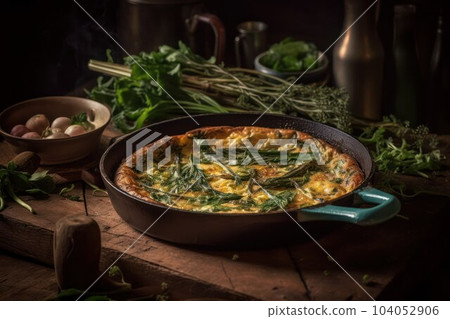 omelette with spinach and herbs in a cast iron skillet on a wooden table 104052906