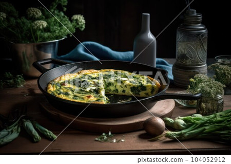 omelette with spinach and herbs in a cast iron skillet on a wooden table 104052912