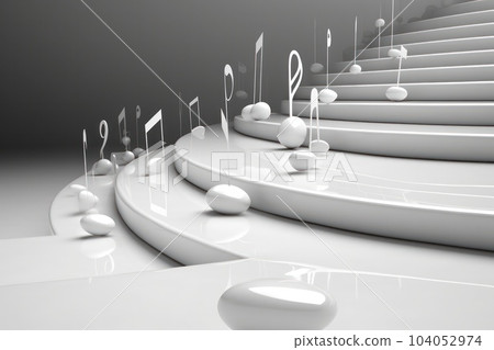 abstract background white steps staircase going up with musical signs hovering in the air.  104052974