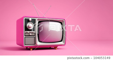 Vintage TV with a large domed screen on bright pink yak background. Nostalgia, retro items from the 70s and 80s Vintage TV with a large domed screen on bright pink yak background. Nostalgia, retro items from the 70s and 80s 104053149