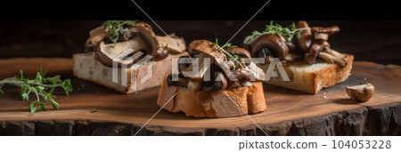 Toast with fried mushrooms, onions, thyme and parmesan cheese close-up on the table. 104053228
