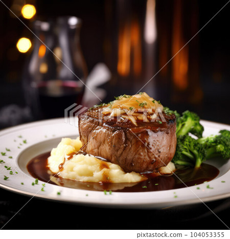 filet mignon, mashed potatoes, garnish, sauce and herbs. restaurant serving filet mignon, mashed potatoes, garnish, sauce and herbs. restaurant serving 104053355