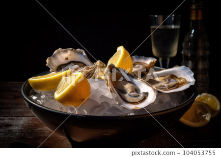 Oysters dish with lemon and ice served on the bar Oysters dish with lemon and ice served on the bar 104053755