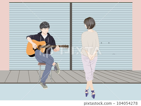 男人在街上彈吉他，聽女人插畫 104054278