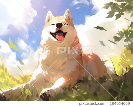 Anime-style illustration of a large dog in a good mood on a sunny day 104054609