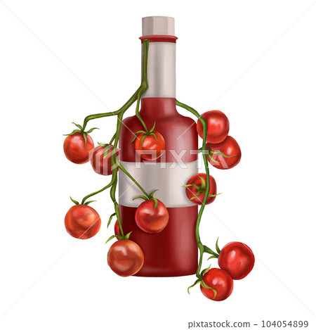 Composition of a glass bottle with tomato paste and cherry tomatoes on a twig. Digital illustration on a white background. Applicable for packaging design, postcards, prints, textiles 104054899
