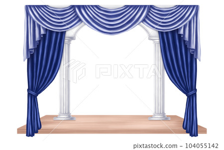 A theater stage with marble columns and satin curtains. Digital illustration on a white background. Concert hall, classical scenery for the performance, podium, opera, dance studio. 104055142