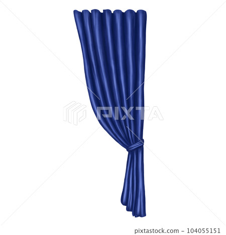 Elegant multi-layered curtains with a pick-up made of dark blue satin fabric. Digital illustration on a white background. Decorative element for windows and doors in the interior, dance hall, theater. 104055151