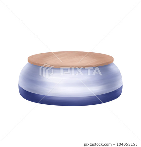A blue round box with a lid and a pedestal made of light wood. Digital illustration on a white background. A podium for a dancer, a model, a box for storing valuable items. A blue round box with a lid and a pedestal made of light wood. Digital illustration on a white background. A podium for a dancer, a model, a box for storing valuable items. 104055153