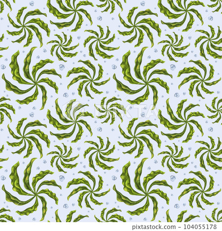 Seamless pattern with thickets of bright green seaweed and water bubbles. Background for textiles, fabrics, banners, wrapping paper, wallpaper and other designs. 104055178