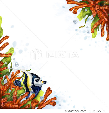 Square marine frame made of tropical fish, corals, algae, stones. Underwater world, digital illustration on a white background. For design, packaging, printing, posters, postcards, textile souvenirs. Square marine frame made of tropical fish, corals, algae, stones. Underwater world, digital illustration on a white background. For design, packaging, printing, posters, postcards, textile souvenirs. 104055190