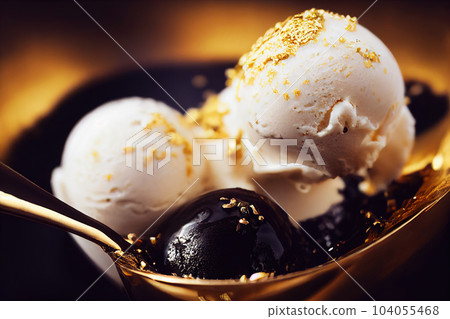 Delicious ice cream covered with gold and petroleum sauce. Concept. Dessert of oil billionaires 104055468