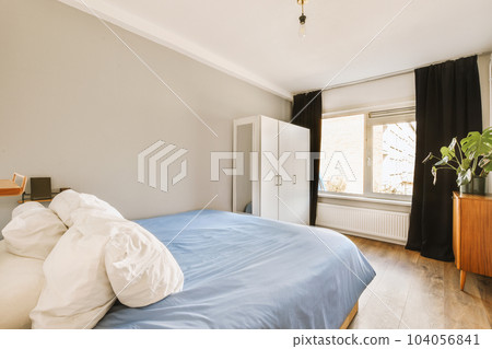 a bedroom with a bed, dresser and plant in the corner on the right side of the room is empty 104056841