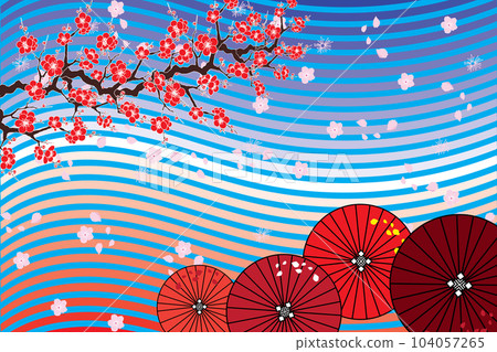 Red cherry blossoms on branch and umbrellas on a blue line background with scattered flowers. Red cherry blossoms on branch and umbrellas on a blue line background with scattered flowers. 104057265