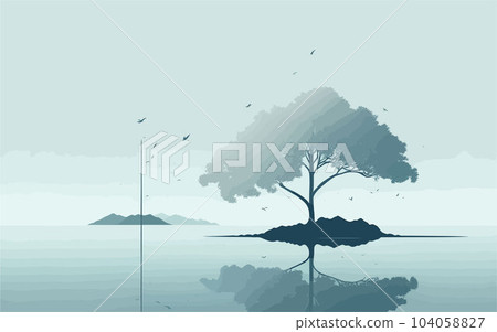 vector-style background image that depicts the essence of tranquility, using clean lines and muted tones to create a serene scene of a single tree standing tall amidst a calm and reflective body of 104058827