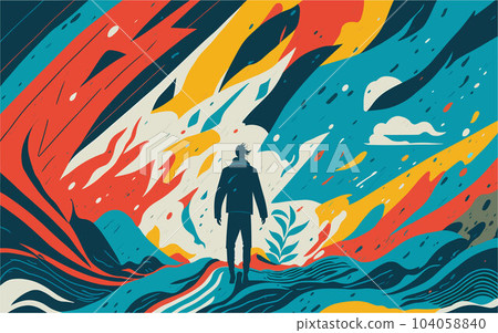 visually striking vector illustration that conveys the concept of overcoming adversity and resilience. lone figure standing tall amidst a storm, with winds, rain, or other challenges swirling around visually striking vector illustration that conveys the concept of overcoming adversity and resilience. lone figure standing tall amidst a storm, with winds, rain, or other challenges swirling around 104058840