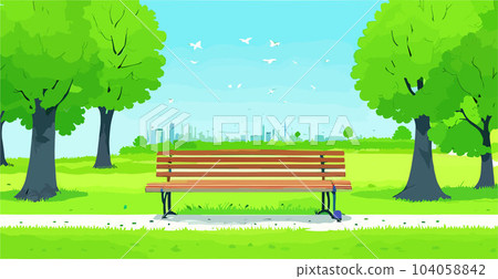 peaceful park landscape with green grass, a paved pathway, and a few park benches. playground picnic area liveliness . vector illustration peaceful park landscape with green grass, a paved pathway, and a few park benches. playground picnic area liveliness . vector illustration 104058842
