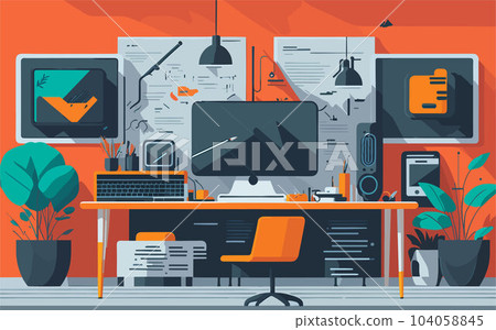 vector-based background illustration illustrating a sleek and minimalistic workspace with a modern desk, computer screens, and artistic elements like a paintbrush or musical instruments. The 104058845