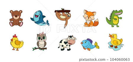 Animals Cute Doodle Set Vector Color Illustration Isolated on White Background 104060063