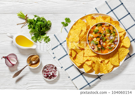 summer fruit salsa with tortilla chips on plate summer fruit salsa with tortilla chips on plate 104060154