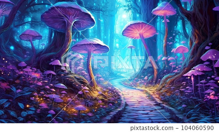 Fabulous neon forest with beautiful unusual houses for gnomes and a forest path, fantasy, children's dreams 104060590