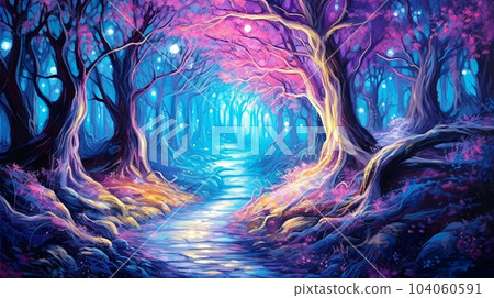 Fabulous neon forest with beautiful unusual houses for gnomes and a forest path, fantasy, children's dreams 104060591