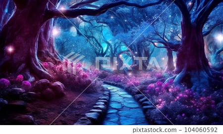 Fabulous neon forest with beautiful unusual houses for gnomes and a forest path, fantasy, children's dreams 104060592