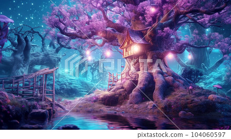 Fabulous neon forest with beautiful unusual houses for gnomes and a forest path, fantasy, children's dreams 104060597