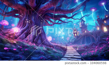 Fabulous neon forest with beautiful unusual houses for gnomes and a forest path, fantasy, children's dreams Fabulous neon forest with beautiful unusual houses for gnomes and a forest path, fantasy, children's dreams 104060598