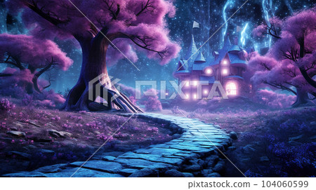 Fabulous neon forest with beautiful unusual houses for gnomes and a forest path, fantasy, children's dreams Fabulous neon forest with beautiful unusual houses for gnomes and a forest path, fantasy, children's dreams 104060599