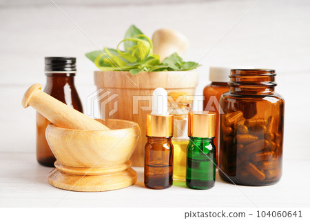 Alternative medicine herbal organic capsule with vitamin E omega 3 fish oil, mineral, drug with herbs leaf natural supplements for healthy good life. 104060641