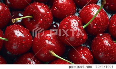 Fresh cherry with water droplets, for posters, backgrounds, rustic farms, healthy food 104061091