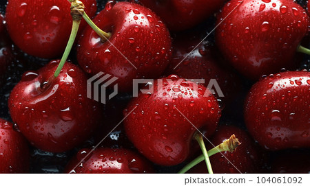 Fresh cherry with water droplets, for posters, backgrounds, rustic farms, healthy food 104061092