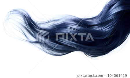 Light blue glowing hair wavy strand. Isolated on black background. Shiny hair care style shampoo beautiful smooth colored hair close up photo 104061419